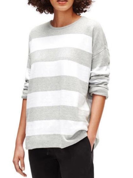 Eileen Fisher Organic Cotton Gray White Striped Sweater Size Xl